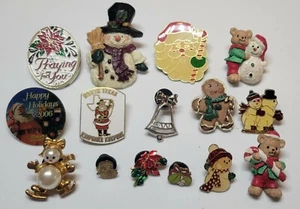 Vintage Christmas Lapel Pin Lot of 15 Santa Snowman Poinsettia Teddy Bear P71 - Picture 1 of 6