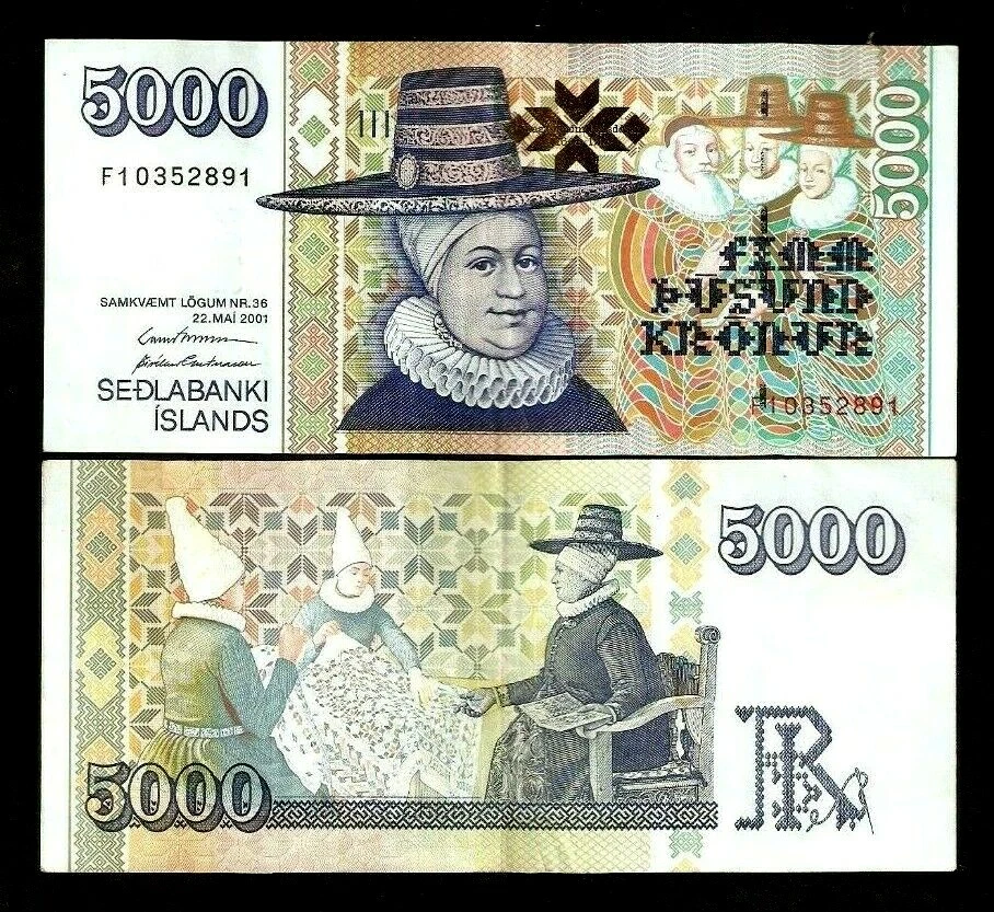 ICELAND 5000 5,000 KRONUR P-60 2001 EMBROIDERY 2 WIVES BISHOP RARE Sign XF NOTE - Image 1 of 1