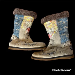 Ed Hardy Studded Boots Size Women’s Size 7 Beige Tiger Faux Fur Suede Lined - Picture 1 of 9