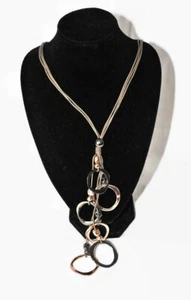 Lagenlook Trendy Long Necklace Silver Circles Gunmetal And Golds Rose Pendants - Picture 1 of 28