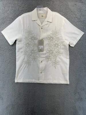 Folk Clothing Shirt Mens S Ivory Short Sleeve Button Linen Blend Hawaiian Floral - Image 1 of 4