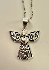 Filigree 925 Sterling Silver Guardian Angel Pendant Necklace 925 Italy Chain 16" - Picture 1 of 6