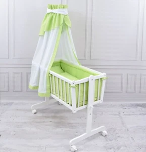 Wiege Schaukelwiege Babywiege Weiß Matratze Bettset Karro grün - Bild 1 von 7