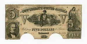 1861 T-37 $5 The Confederate States of America Note - CIVIL WAR Era - Picture 1 of 2