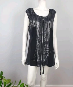 Lilia Size XXL Zip Up Sleeveless Tunic Top Black Silver Women Striped - Picture 1 of 12