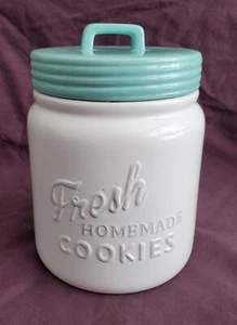 Keramik Keksdose Dichtung Dichter Deckel Aqua/Weiß "Frische Hausgemachte Kekse" 8,5" - Bild 1 von 7
