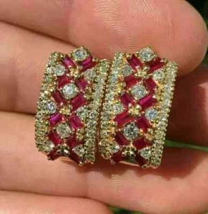 2.20Ct Baguette Cut Lab-Created Ruby Huggie Hoop Earrings 14K Yellow Gold Plated - Picture 1 of 6