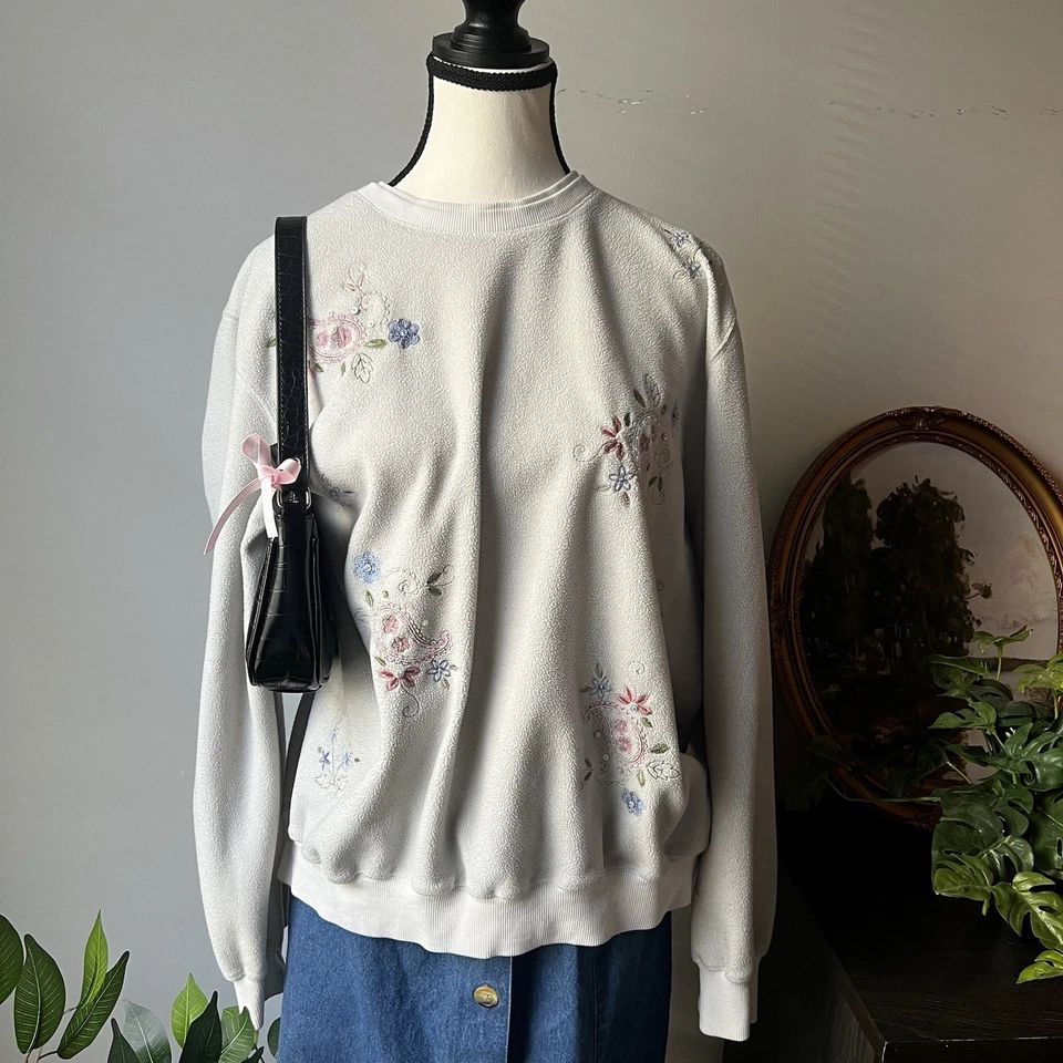 Sudadera Vintage Floral Bordada Pastel Cottagecore Cuello Redondo Pullover Años 90 Foto 1 de 4