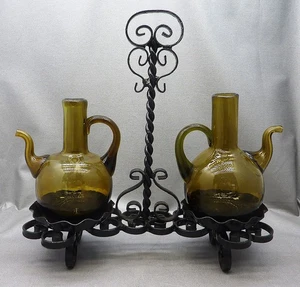 Vintage Hand-Blown Avocado Green Glass Cruet Set with Wrought Iron Caddy - Spain - Picture 1 of 15