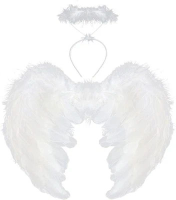 Déguisement ange blanc ailes et halo, ailes plumes blanc ange femme pour Halloween - Photo 1/4