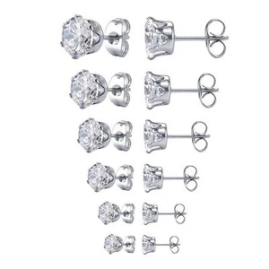Surgical 316L Stainless Steel Stud Earrings Cubic Zircon Round Men Women 2PC - Picture 1 of 1