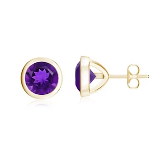 Round Cut Natural Gemstone Stud Earring For Women with Screw Back, Bezel set - Picture 1 of 145