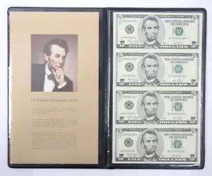 2003 $5 Federal Reserve Note Uncut Sheet of 4 - Picture 1 of 4