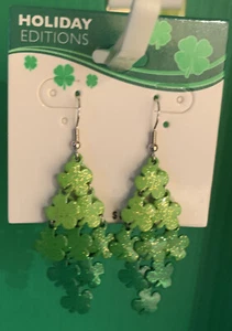 St. Patrick's Day Green Sparkly Lucky Clovers 2” Earrings.  NEW - Picture 1 of 3