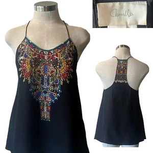 CAMILLA Black Silk Crepe de Chine, Aztec STUDS & CRYSTALS CAMISOLE TOP X-SMALL - Picture 1 of 16