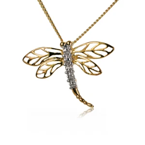 Natural Diamond Dragonfly Necklace Gold Plated Sterling Silver Boxed Gift - Picture 1 of 8