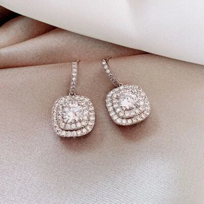 2 Ct Round Cut Diamond Halo Woman's Drop & Dangle Earrings 14k White Gold Finish - Image 1 of 4