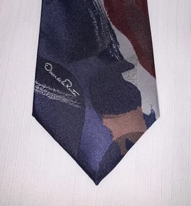 Oscar De La Renta Studio Abstract Watercolor Blue Tones with Red Tie Necktie EUC - Picture 1 of 4