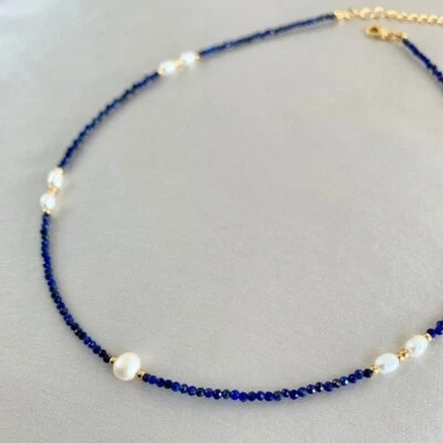 White Pearl & Lapis Lazuli 2 Multi Faceted Round A++ Gemstone Beads 18" Necklace - Image 1 of 4