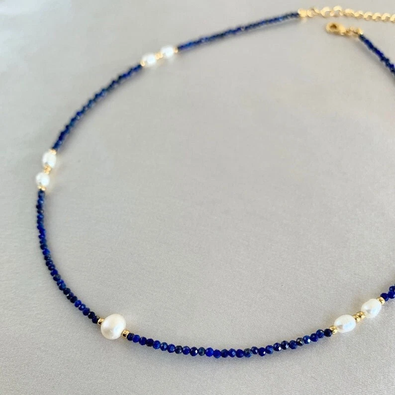 White Pearl & Lapis Lazuli 2 Multi Faceted Round A++ Gemstone Beads 18" Necklace - Image 1 of 4