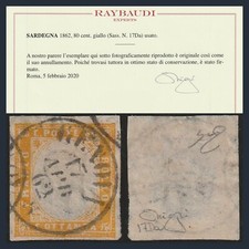 ASI 1862 Sardegna cent. 80 giallo n. 17Da Usato Raybaudi Antichi Stati Italiani