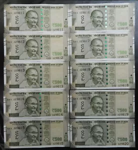 10 India 500 / Five hundred Rupees Banknotes UNC 2018 consecutive serial numbers - Picture 1 of 2
