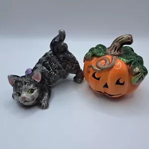 Salero y pimentero vintage Fitz and Floyd Halloween gato negro y calabaza - Imagen 1 de 3