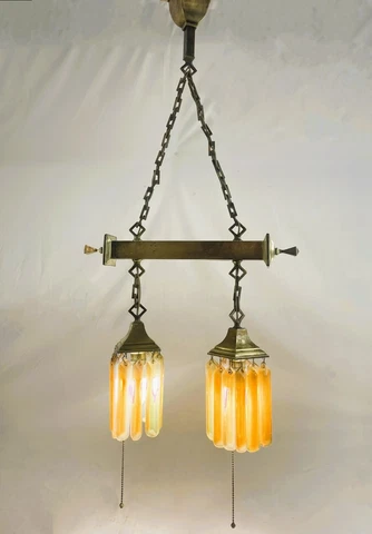 Antique c1900 Craftsman Mission Arts & Crafts Ceiling Light Art Glass Prisms Cover