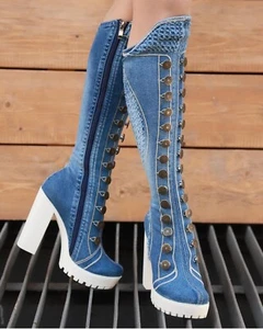 Denim Boots Shoes, Platform Boots, Handmade Women's Shoes / Birthday Gift - Picture 1 of 6