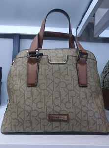 New Calvin Klein Textured Hudson Monogram Front Pocket Satchel khaki brown  - Picture 1 of 2