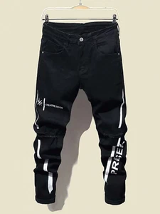 Pantalones Para Hombre de Vestir Moda Pantalón Vaqueros Negro Rasgado Mezclilla - Picture 1 of 6