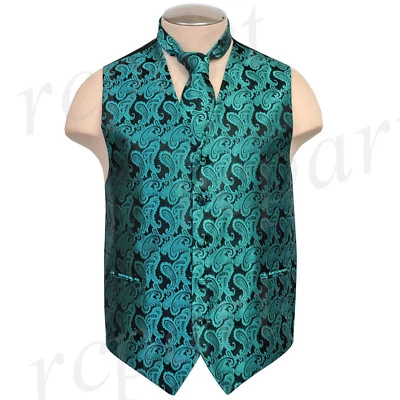 New Brand Q polyester men's Paisley Vest Tuxedo Waistcoat_Necktie green formal - Image 1 of 4
