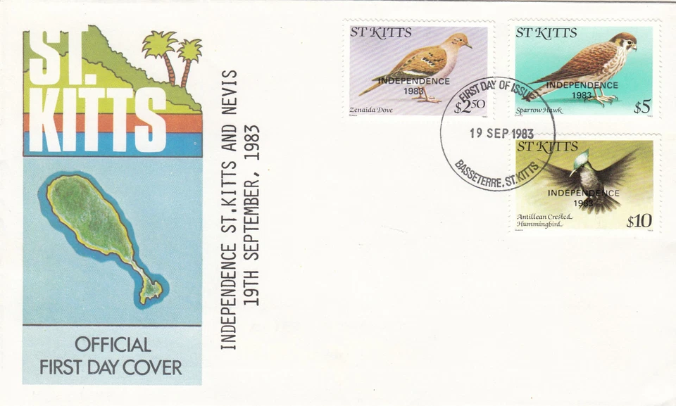 Birds $2.50 to $10 Independence OVERPRINT St Kitts FDC 1983 (137029) - Image 1 of 1
