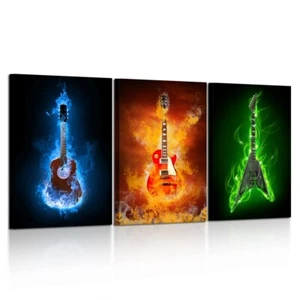 Wall Art Fire Burning Guitar, Ready to Hang, 3 Canvas Prints 16x24 - Picture 1 of 10