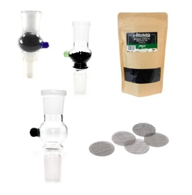 Pfeifenfilter Aktivkohle Glasadapter Set NS19 mit Granulat, Siebe Partikelfilter - Bild 1 von 4