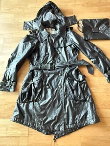 BURBERRY BLACK SILVER CHECK RAIN COAT JACKET W BAG SIZE 6 USA - Picture 1 of 13