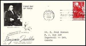 USA FDC - 1956 - 250th Birth Anniversary Benjamin Franklin, # 1073 Artcraft - Bild 1 von 1