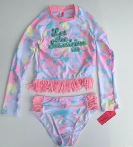 Betsey Johnson Girl's M 10 Long Sleeve 2 Pc Rash Guard Tankini Swimsuit Pink - Picture 1 of 4