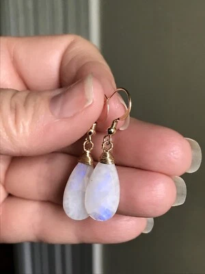 14K GF Natural Moonstone Earrings Blue Flash 20mm Briolette Drop NICE BLUE FLASH - Image 1 of 4