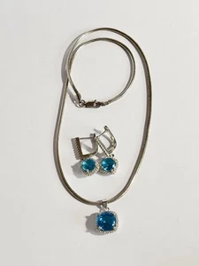 925 Sterling Silver Necklace 15” Blue Topaz, Zircon And Earrings Set - Picture 1 of 9
