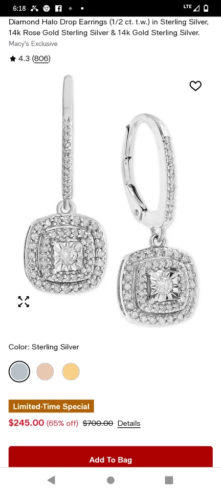 Diamond Halo Drop Earrings (1/2 ct. t.w.) in Sterling Silver Brand New w/Tag$700 - Image 1 of 1