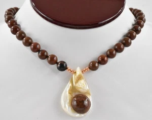 19" Genuine Brecciated Red Jasper & Mother of Pearl Drop Copper Beaded Necklace - Picture 1 of 15