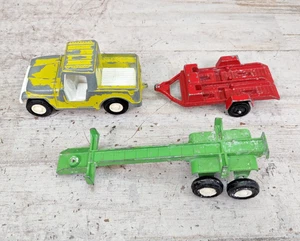 Vintage Tootsietoy Die Cast Metal Yellow Jeep w/ 2 Farming Trailers Logging Farm - Picture 1 of 8