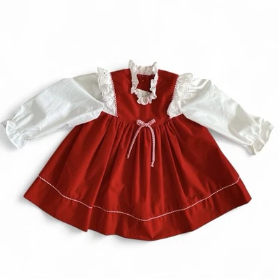Vintage Girls Holiday Dress Velvet Red White Eyelet Ruffle Detail Christmas 2T - Image 1 of 4