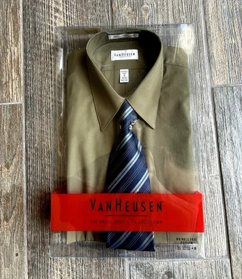 Conjunto de camisa de vestir y corbata Van Heusen talla M (15) - ajuste regular-tomillo/oliva para hombre-NUEVO EN CAJA Foto 1 de 2
