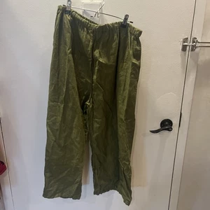 Cynthia Ashby cropped Pants Green Linen Pull On Wide Leg Elastic Waist Sz Lg NWT - Picture 1 of 6