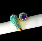 FAUX AMETHYST AND SEED TURQUOISE GOLD-TONE RING COSTUME JEWELRY