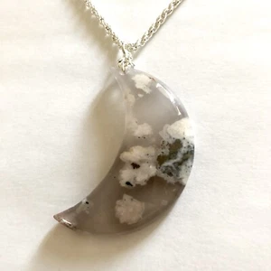 Necklace Crescent Moon Cherry Blossom Agate 18” OOAK Artisan USA 1942 - Picture 1 of 2