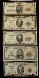 1929 $5, $10, $20, $50,$100 DOLLAR CHICAGO FEDERAL RESERVE BANK NOTES *LOT OF 5*