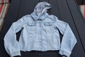 Cat & Jack Denim Jacket w/ Fleece Hood Girls XL 14 Light Wash Raw Hem Stretch - Picture 1 of 8